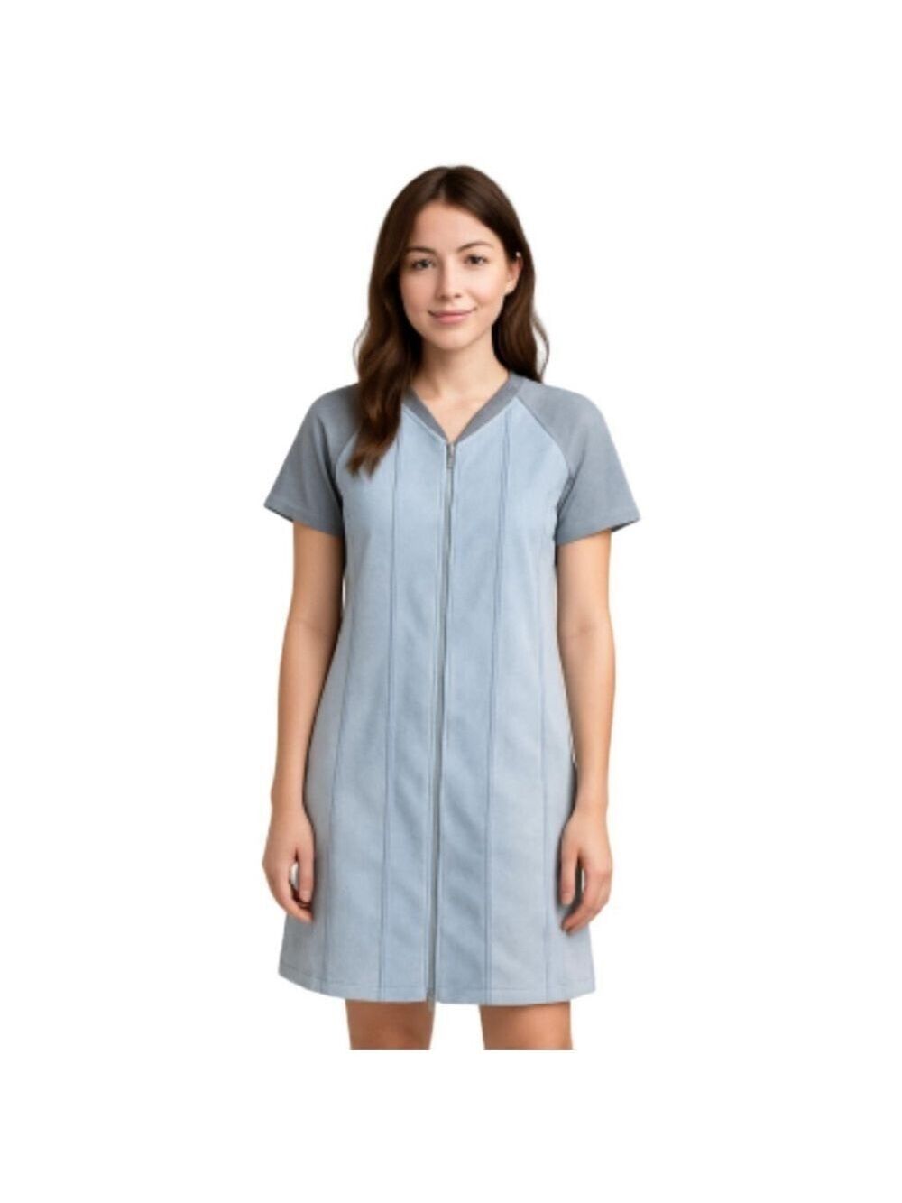 Vegan Faux Suede Panelled Pale Blue & Light Blue Short Sleeve Knee Length Dress
